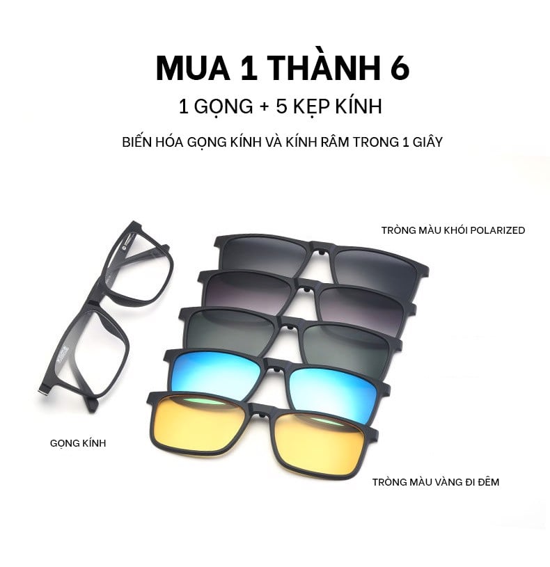 Kính Râm Cận TR90 Clip On Phân Cực Polarized 2 Trong 1 Bộ 5 Kẹp Cao Cấp 12146 - Ảnh 2