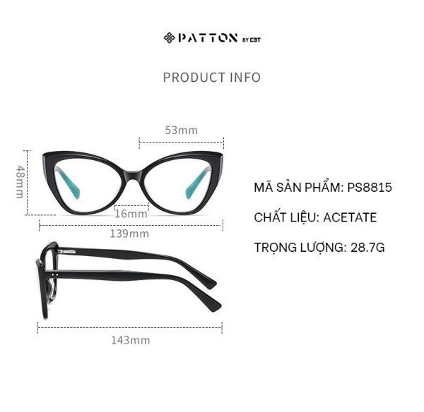 Gọng Kính Mắt Mèo Acetate Chống Ánh Sáng Xanh Patton Ps8815 - Ảnh 2