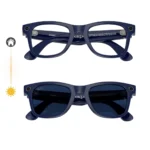 Kính Ray-Ban Meta gọng Shiny Cosmic Blue với tròng Sapphire Transitions® trong suốt khi ở trong nhà và đổi màu xanh đậm dưới ánh nắng.