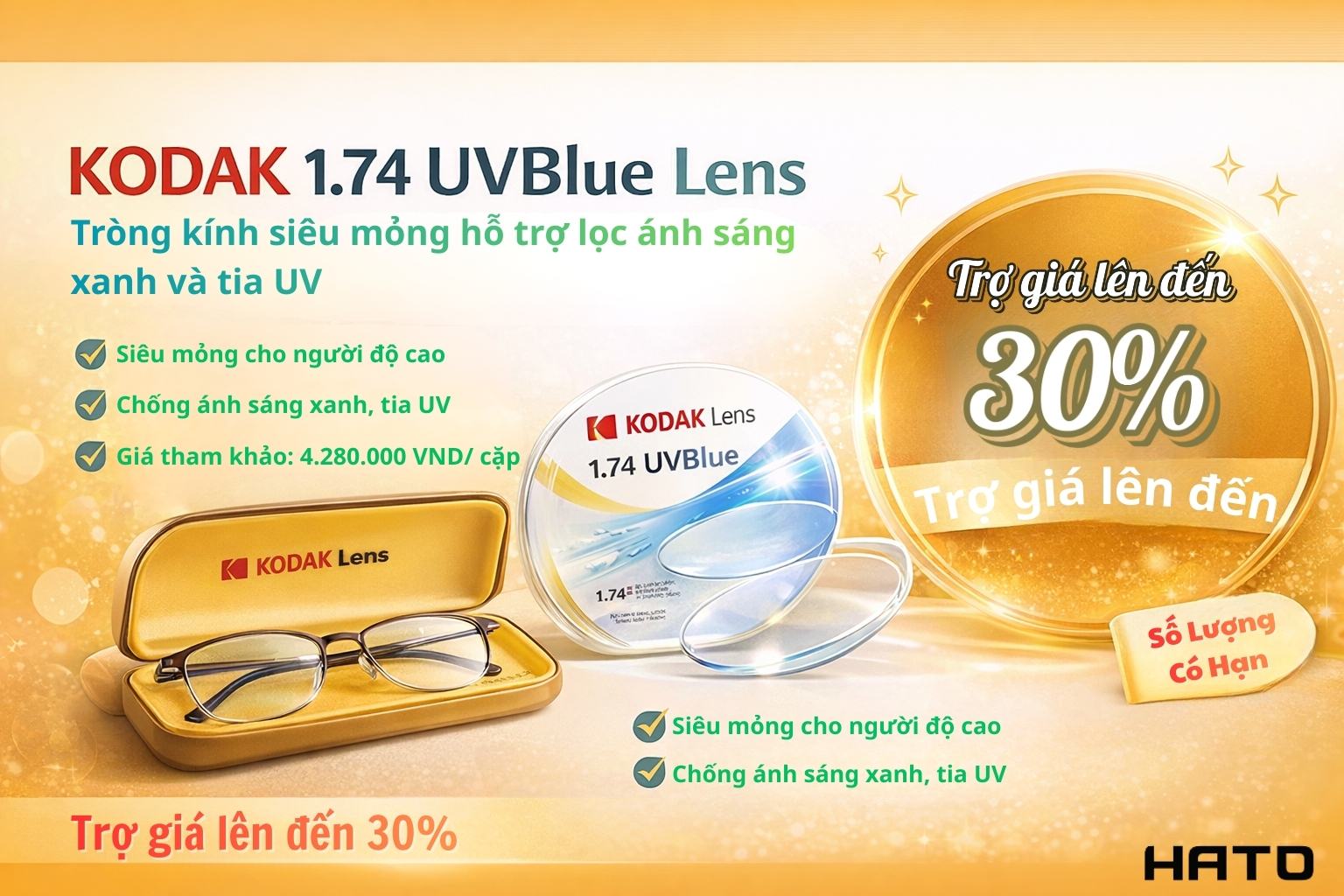 Ưu đãi trợ giá 30% cho tròng kính Kodak 1.74 UVBlue