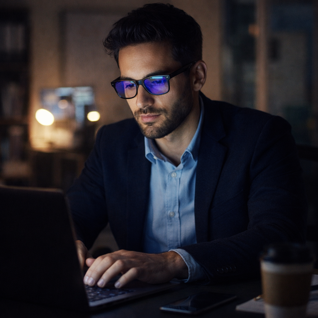 Nhân viên văn phòng sử dụng tròng chống ánh sáng xanh