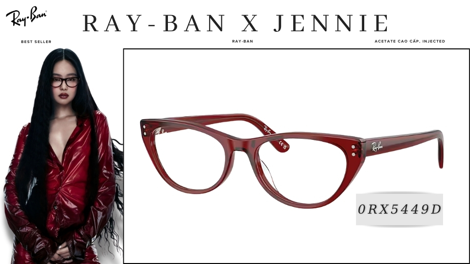 Mẫu kính Ray-Ban x Jennie 0RX5449D transparent bordeaux trên gương mặt Jennie