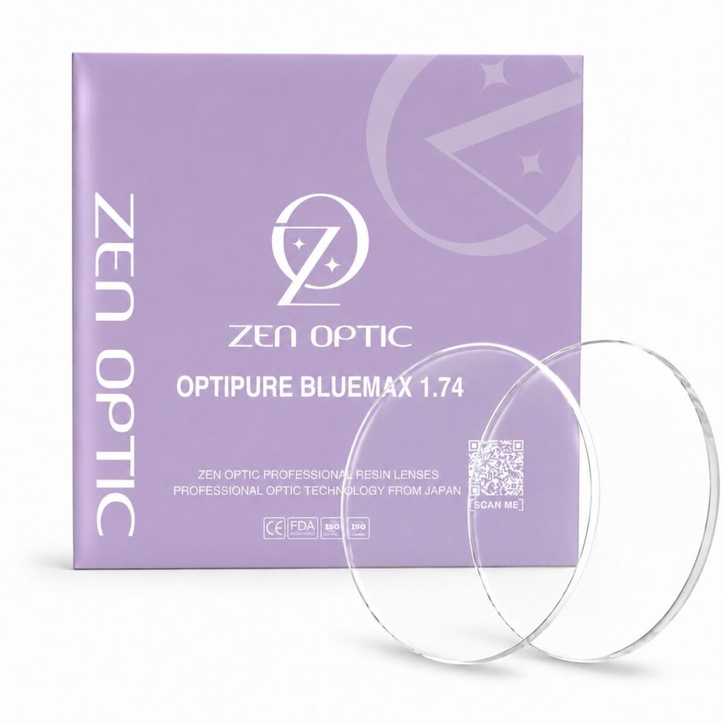 Tròng kính Zen Optic Optipure Bluemax 1.74 chiết suất siêu cao, chống ánh sáng xanh, mỏng nhẹ và thẩm mỹ