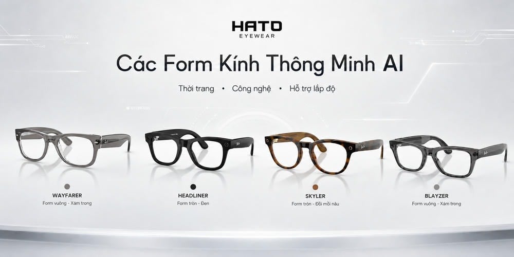 Hình ảnh giới thiệu các form kính thông minh AI Ray-Ban Meta gồm Wayfarer, Headliner, Skyler và Blayzer, phù hợp cho người cận thị muốn lắp tròng có độ tại HATO Eyewear.