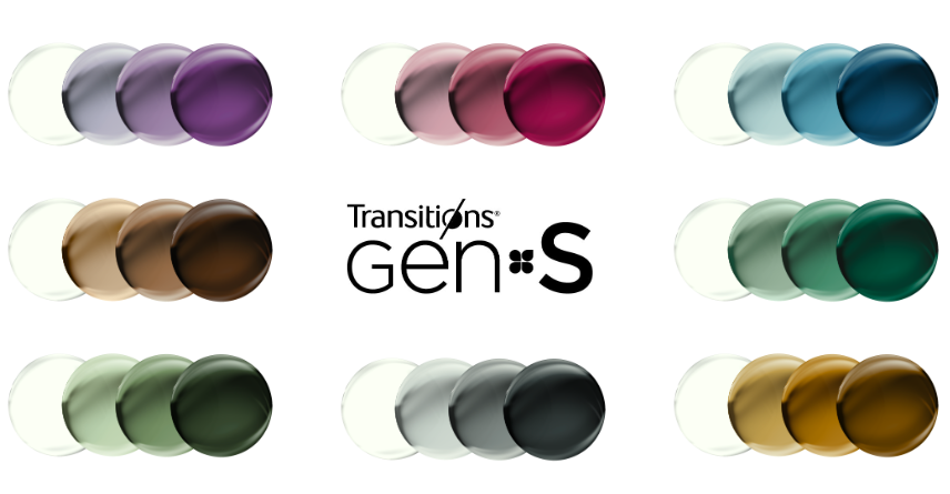 Ảnh minh họa tròng kính đổi màu Transitions Gen S với nhiều màu sắc hiện đại, phù hợp lắp cho kính thông minh, kính cận và kính thời trang tại Hato Eyewear.