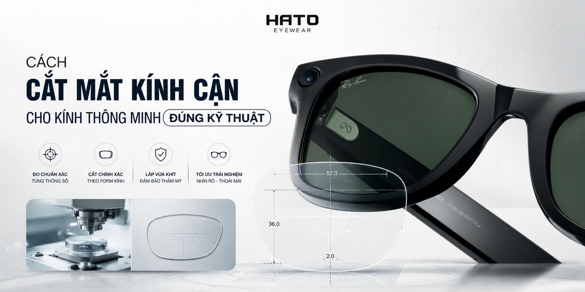 Ảnh minh họa quy trình cắt mắt kính cận cho kính thông minh đúng kỹ thuật, kết hợp hình ảnh kính thông minh, tròng kính đo thông số và máy cắt tròng chuyên dụng. Nội dung phù hợp cho bài blog hướng dẫn người dùng hiểu rõ cách lắp tròng cận cho kính thông minh an toàn, chính xác và thẩm mỹ tại HATO Eyewear.