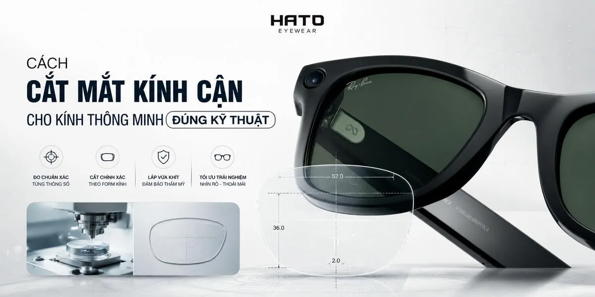 Ảnh minh họa quy trình cắt mắt kính cận cho kính thông minh đúng kỹ thuật, kết hợp hình ảnh kính thông minh, tròng kính đo thông số và máy cắt tròng chuyên dụng. Nội dung phù hợp cho bài blog hướng dẫn người dùng hiểu rõ cách lắp tròng cận cho kính thông minh an toàn, chính xác và thẩm mỹ tại HATO Eyewear.