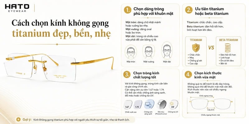 Hình ảnh infographic về cách chọn kính không gọng titanium đẹp, bền, nhẹ. Nội dung minh họa rõ các tiêu chí chọn dáng tròng, chất liệu titanium, tròng kính phù hợp và kích thước kính vừa mặt, phù hợp cho bài blog tư vấn chọn kính không gọng.