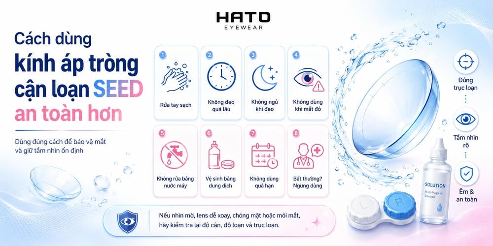 Infographic hướng dẫn cách dùng kính áp tròng cận loạn SEED an toàn hơn, với các lưu ý quan trọng như rửa tay sạch, không đeo quá lâu, không ngủ khi đeo lens và vệ sinh lens đúng cách.
