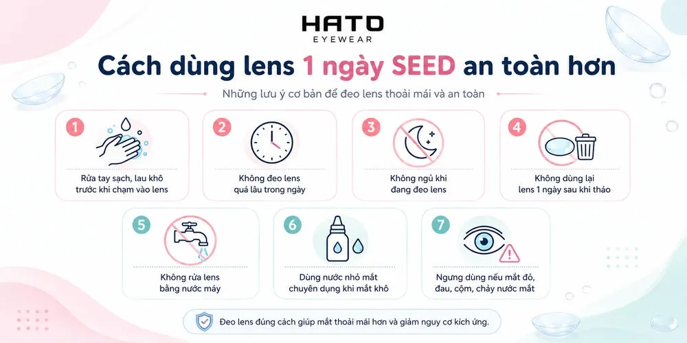 Infographic hướng dẫn cách dùng lens 1 ngày SEED an toàn hơn với các lưu ý quan trọng như rửa tay sạch, không đeo quá lâu, không ngủ khi đeo lens và không dùng lại lens 1 ngày.