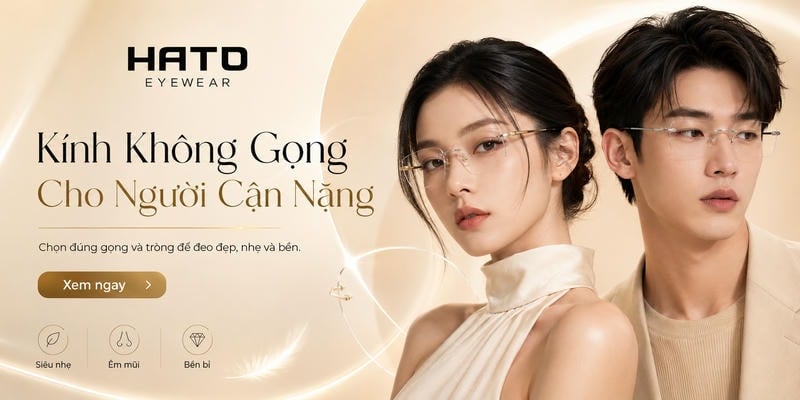 Người cận nặng đeo kính không gọng tại HATO Eyewear với gọng nhẹ, bền và tròng kính phù hợp