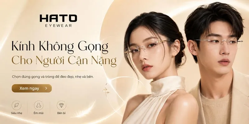Người cận nặng đeo kính không gọng tại HATO Eyewear với gọng nhẹ, bền và tròng kính phù hợp