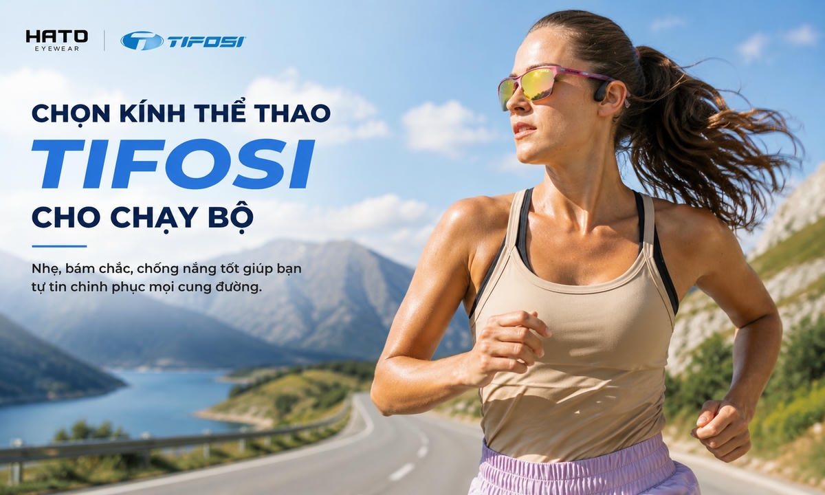 Banner kính thể thao Tifosi cho chạy bộ với mẫu nữ runner đeo kính Tifosi tròng hồng, thiết kế nhẹ, bám chắc và chống nắng tốt.