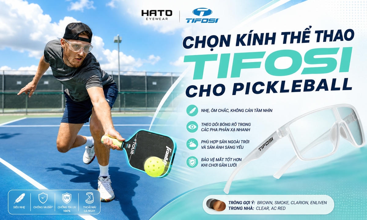 Chọn kính thể thao Tifosi cho pickleball nhẹ, ôm chắc, bảo vệ mắt và hỗ trợ quan sát bóng rõ khi chơi ngoài trời.
