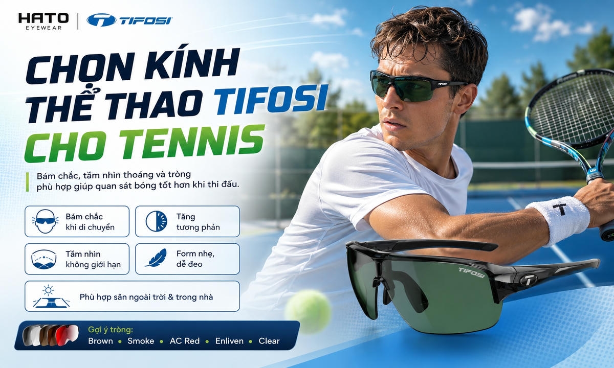 Chọn kính thể thao Tifosi cho tennis với hình ảnh người chơi tennis đeo kính Tifosi trên sân ngoài trời.