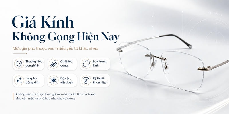 Giá kính không gọng hiện nay phụ thuộc vào thương hiệu, chất liệu gọng, loại tròng kính và kỹ thuật khoan lắp