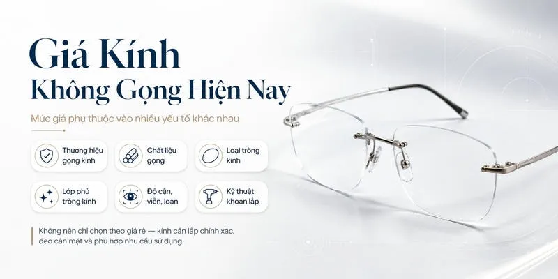 Giá kính không gọng hiện nay phụ thuộc vào thương hiệu, chất liệu gọng, loại tròng kính và kỹ thuật khoan lắp