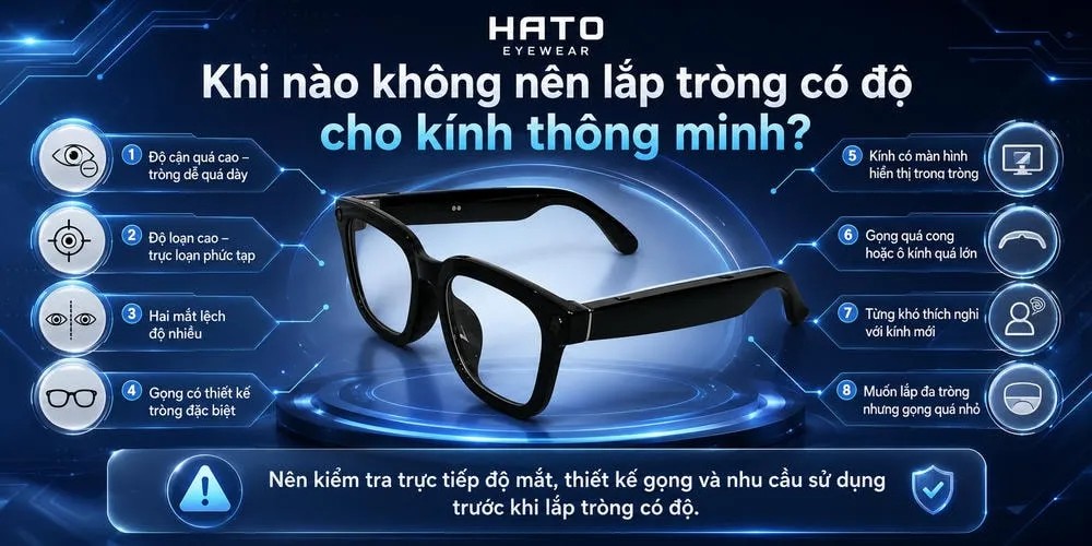 Ảnh minh họa các trường hợp không nên lắp tròng có độ cho kính thông minh như độ cận quá cao, độ loạn phức tạp, gọng quá cong, ô kính quá lớn hoặc kính có màn hình hiển thị trong tròng.