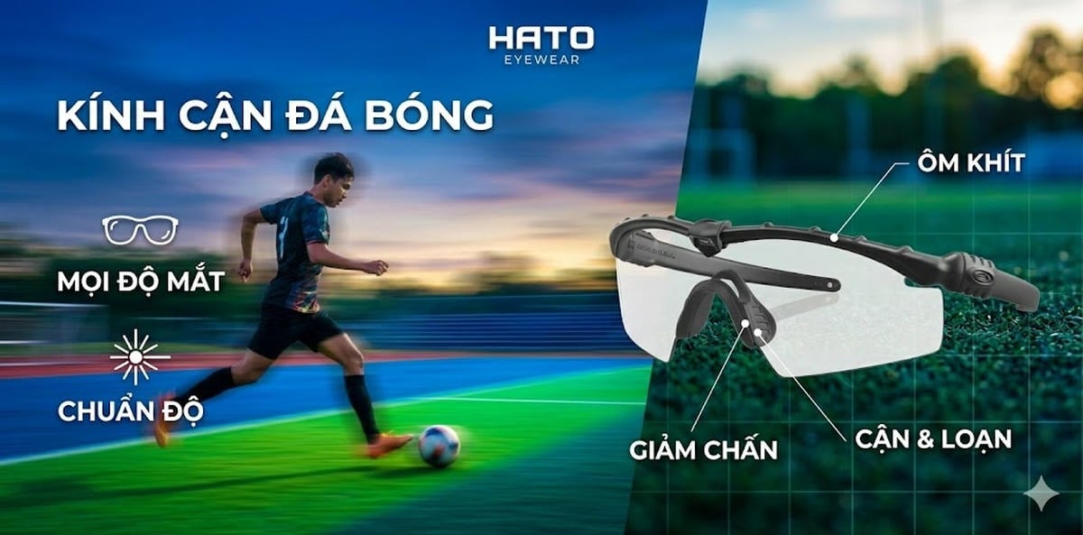 Kính cận thể thao đá bóng dáng ôm sát thể thao trên nền sân cỏ năng động, minh họa trực quan giải pháp đo cắt tròng cận thị từ nhẹ đến nặng tại HATO Eyewear.
