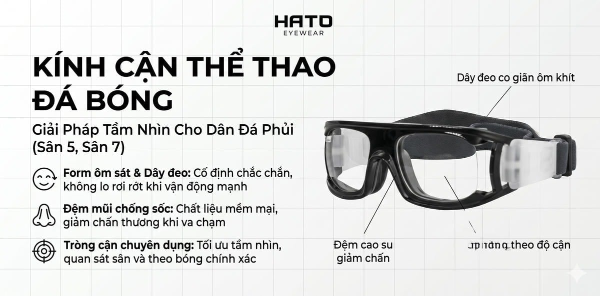 Kính cận thể thao đá bóng HATO Eyewear thiết kế dây đeo co giãn ôm khít, đệm mũi cao su giảm chấn chống rơi vỡ chuyên dụng cho dân đá phủi sân 5 sân 7.