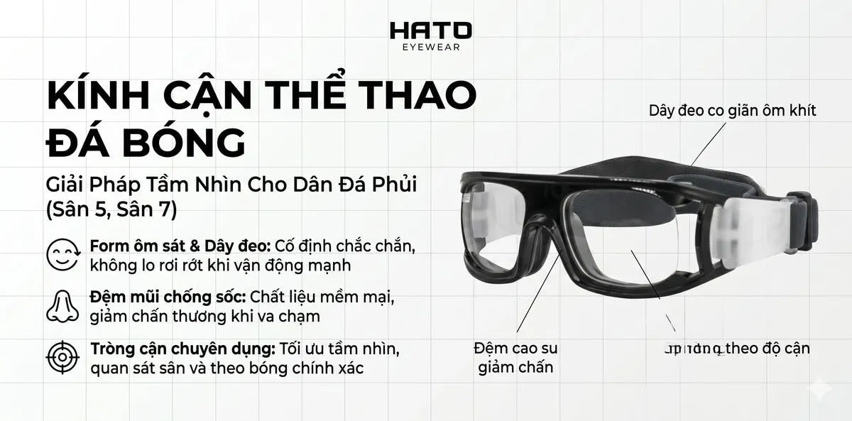 Kính cận thể thao đá bóng HATO Eyewear thiết kế dây đeo co giãn ôm khít, đệm mũi cao su giảm chấn chống rơi vỡ chuyên dụng cho dân đá phủi sân 5 sân 7.