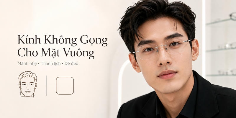 Kính không gọng cho mặt vuông với thiết kế mảnh nhẹ, thanh lịch và dễ đeo