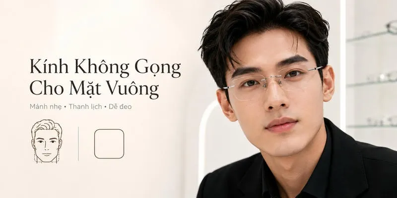Kính không gọng cho mặt vuông với thiết kế mảnh nhẹ, thanh lịch và dễ đeo