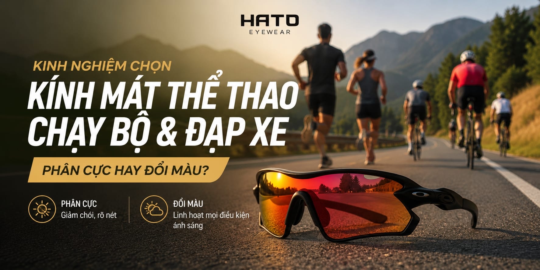 Ảnh đại diện bài viết kinh nghiệm chọn kính mát thể thao chạy bộ và đạp xe, so sánh tròng phân cực và tròng đổi màu tại Hato Eyewear.