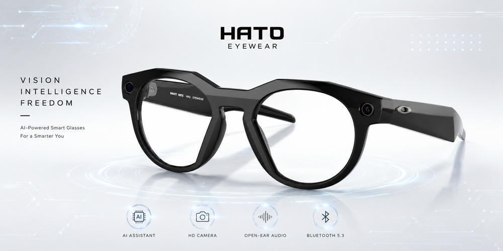 Kính thông minh AI HATO Eyewear thiết kế high-tech với camera, trợ lý AI, âm thanh mở và kết nối Bluetooth.