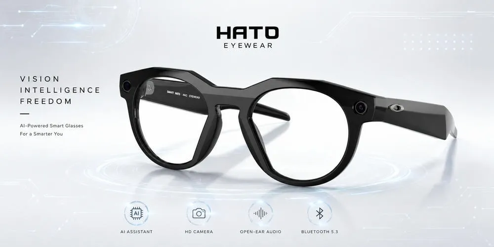 Kính thông minh AI HATO Eyewear thiết kế high-tech với camera, trợ lý AI, âm thanh mở và kết nối Bluetooth.