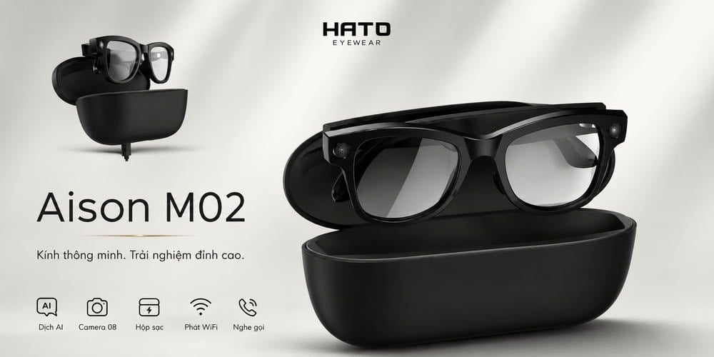 Hình ảnh kính thông minh Aison M02 với thiết kế hiện đại, tích hợp dịch AI, camera 08, hộp sạc, phát WiFi và nghe gọi, phù hợp cho người mới bắt đầu trải nghiệm kính thông minh.