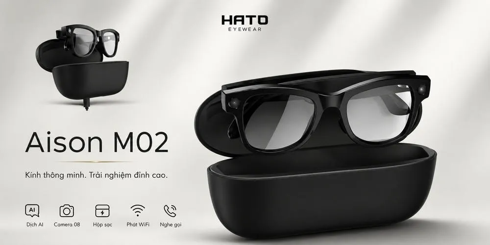 Hình ảnh kính thông minh Aison M02 với thiết kế hiện đại, tích hợp dịch AI, camera 08, hộp sạc, phát WiFi và nghe gọi, phù hợp cho người mới bắt đầu trải nghiệm kính thông minh.