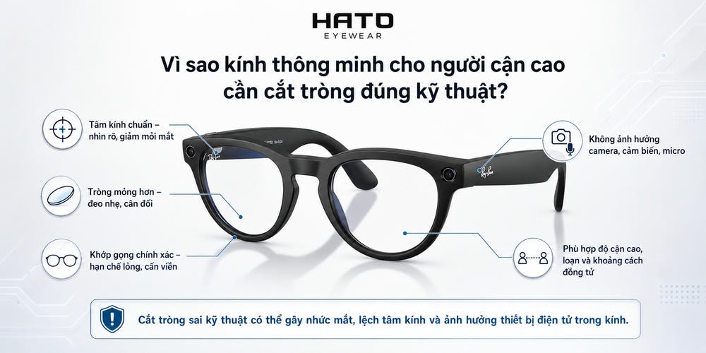 Ảnh minh họa lý do kính thông minh cho người cận cao cần cắt tròng đúng kỹ thuật để đảm bảo tâm kính chuẩn, tròng mỏng, đeo nhẹ và không ảnh hưởng camera, cảm biến, micro.