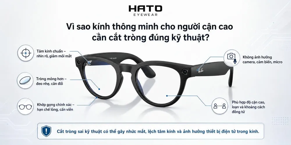 Ảnh minh họa lý do kính thông minh cho người cận cao cần cắt tròng đúng kỹ thuật để đảm bảo tâm kính chuẩn, tròng mỏng, đeo nhẹ và không ảnh hưởng camera, cảm biến, micro.