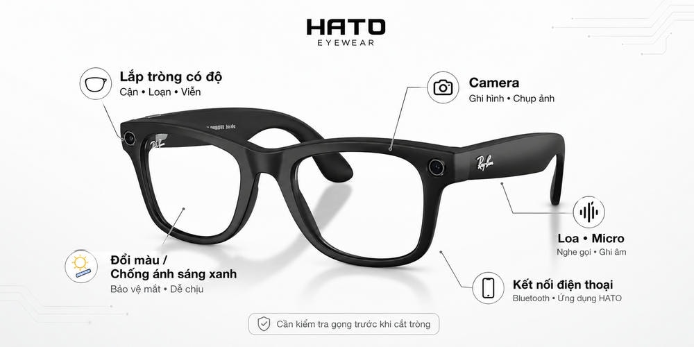 Kính thông minh có độ cho người cận cao tại Hato Eyewear, hỗ trợ lắp tròng cận, loạn, viễn, tích hợp camera, loa micro và kết nối điện thoại.