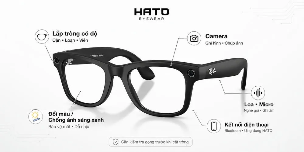 Kính thông minh có độ cho người cận cao tại Hato Eyewear, hỗ trợ lắp tròng cận, loạn, viễn, tích hợp camera, loa micro và kết nối điện thoại.