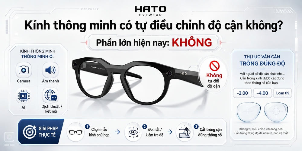 Kính thông minh có tự điều chỉnh độ cận không, giải thích kính AI vẫn cần lắp tròng cận đúng độ tại HATO Eyewear.
