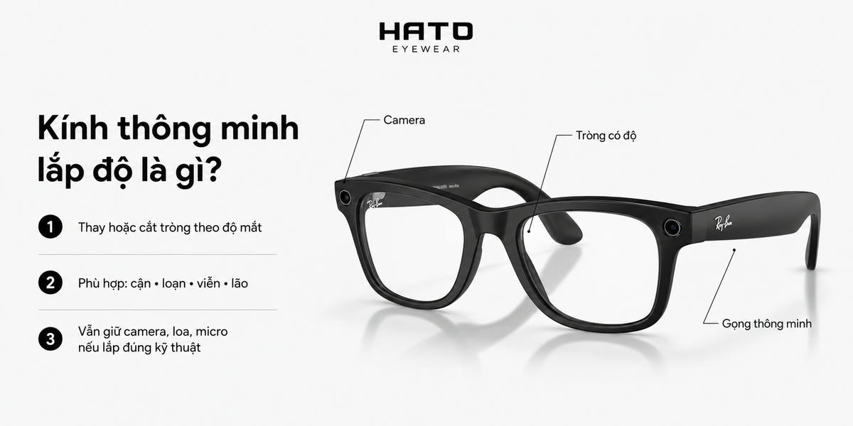 Ảnh minh họa kính thông minh lắp độ, giải thích cách thay hoặc cắt tròng theo độ mắt, phù hợp người cận, loạn, viễn, lão thị tại Hato Eyewear.