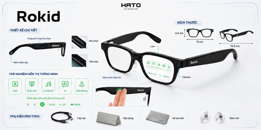 Hình ảnh giới thiệu kính thông minh Rokid RV101 với các chi tiết như vùng cảm ứng, màn hình hiển thị, camera, loa, kích thước gọng và phụ kiện đi kèm tại HATO Eyewear.