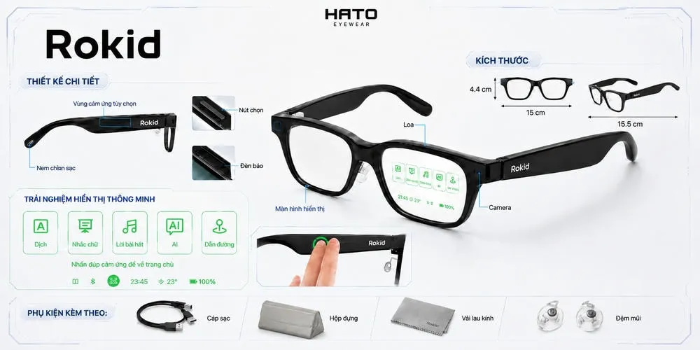 Hình ảnh giới thiệu kính thông minh Rokid RV101 với các chi tiết như vùng cảm ứng, màn hình hiển thị, camera, loa, kích thước gọng và phụ kiện đi kèm tại HATO Eyewear.
