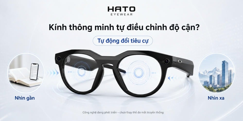 Ảnh minh họa kính thông minh tự điều chỉnh độ cận, mô phỏng công nghệ đổi tiêu cự khi nhìn gần và nhìn xa, kèm logo HATO Eyewear.