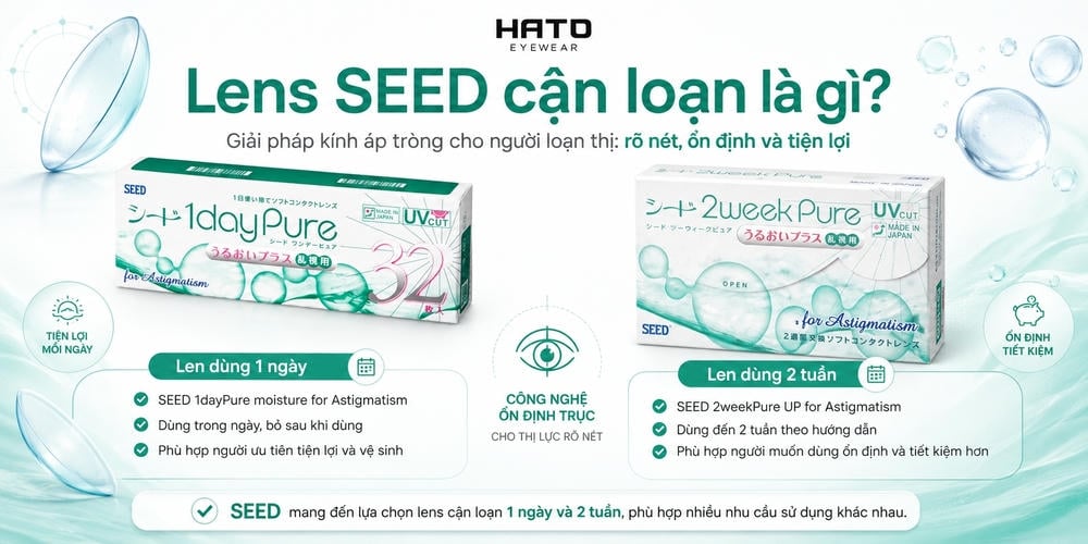 Ảnh minh họa lens SEED cận loạn gồm dòng dùng 1 ngày và 2 tuần, giúp người loạn thị chọn kính áp tròng phù hợp, rõ nét, ổn định và tiện lợi.