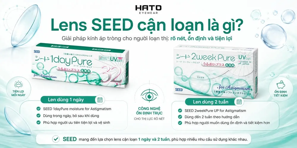 Ảnh minh họa lens SEED cận loạn gồm dòng dùng 1 ngày và 2 tuần, giúp người loạn thị chọn kính áp tròng phù hợp, rõ nét, ổn định và tiện lợi.