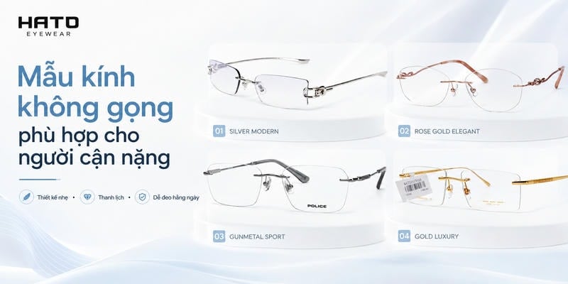 Mẫu kính không gọng phù hợp cho người cận nặng tại Hato Eyewear, thiết kế thanh lịch, siêu nhẹ, dễ đeo hằng ngày và phù hợp với nhu cầu thị lực cao.