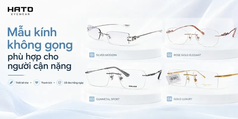 Mẫu kính không gọng phù hợp cho người cận nặng tại Hato Eyewear, thiết kế thanh lịch, siêu nhẹ, dễ đeo hằng ngày và phù hợp với nhu cầu thị lực cao.