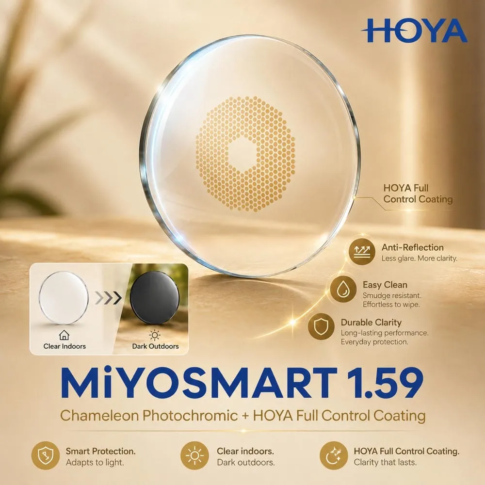 HOYA MiYOSMART 1.59 Chameleon Photochromic & Full Control Coating –Tròng Kính Đổi Màu Trẻ Em Chính Hãng