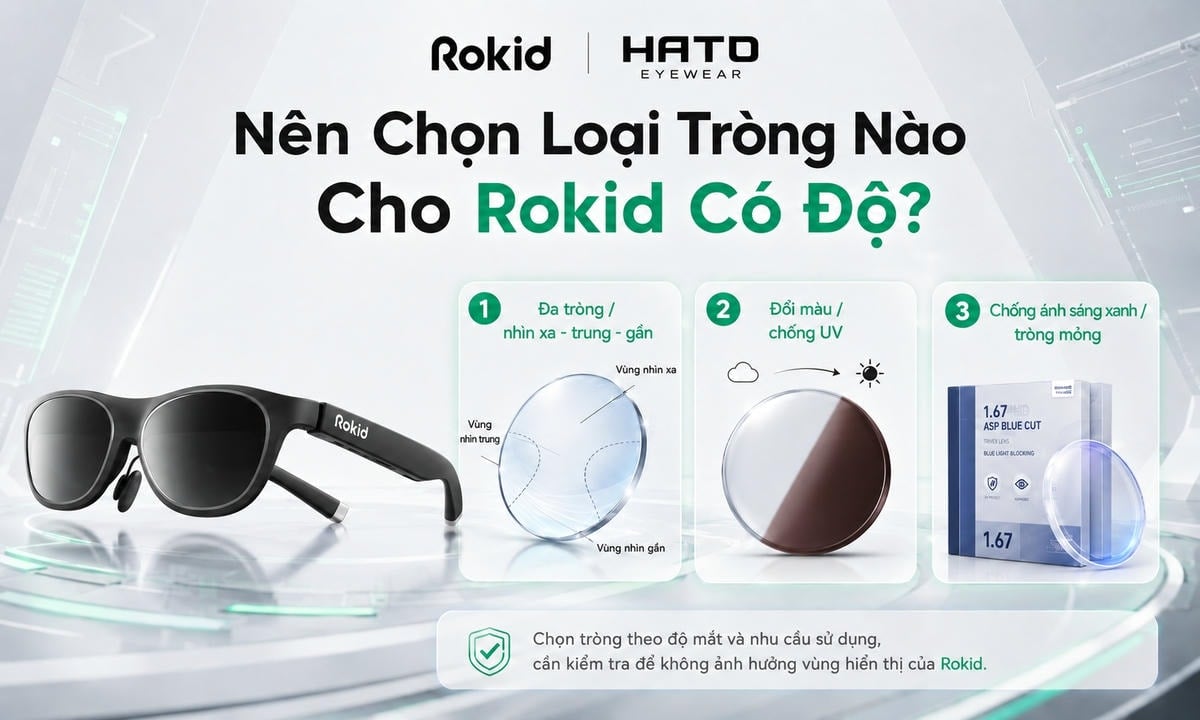 Ảnh minh họa các loại tròng phù hợp cho Rokid có độ tại Hato Eyewear, gồm tròng đa tròng, tròng đổi màu chống UV và tròng chống ánh sáng xanh tròng mỏng.
