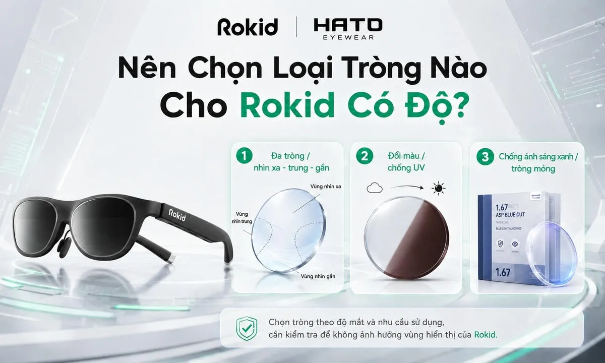 Ảnh minh họa các loại tròng phù hợp cho Rokid có độ tại Hato Eyewear, gồm tròng đa tròng, tròng đổi màu chống UV và tròng chống ánh sáng xanh tròng mỏng.