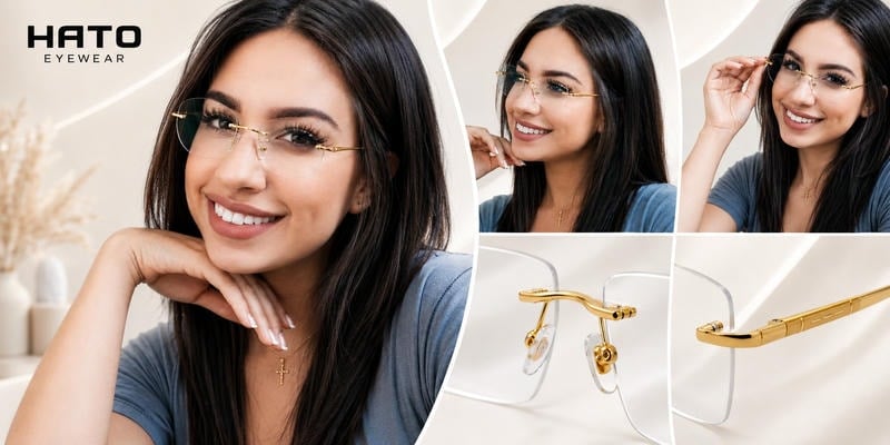 Ảnh blog người đeo kính không gọng titanium Hato Eyewear, bố cục hiện đại kết hợp ảnh mẫu đeo thực tế và cận cảnh chi tiết gọng kính, phù hợp minh họa bài viết về kính không gọng titanium cao cấp.