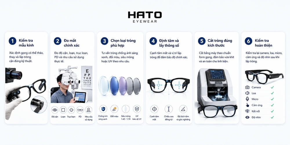 Quy trình cắt mắt kính cận cho kính thông minh đúng kỹ thuật tại Hato Eyewear, gồm kiểm tra mẫu kính, đo mắt, chọn tròng và hoàn thiện.